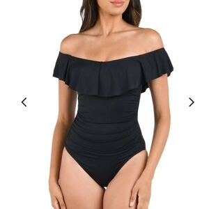La Blanca Island Goddess Off Shoulder Ruffle One Piece - Black SIZE 8 NWT